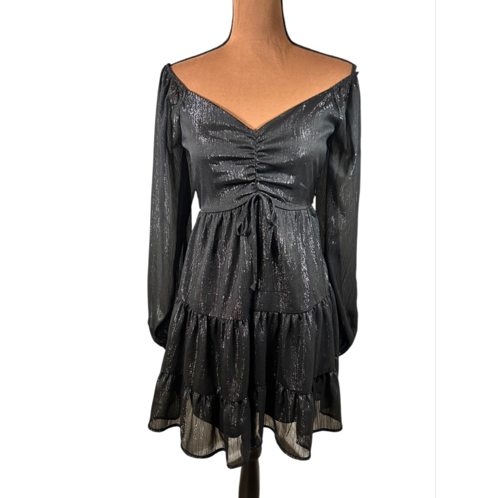 Altar'd State Black Shimmer Off-Shoulder Mini Dress S - Picture 2 of 8